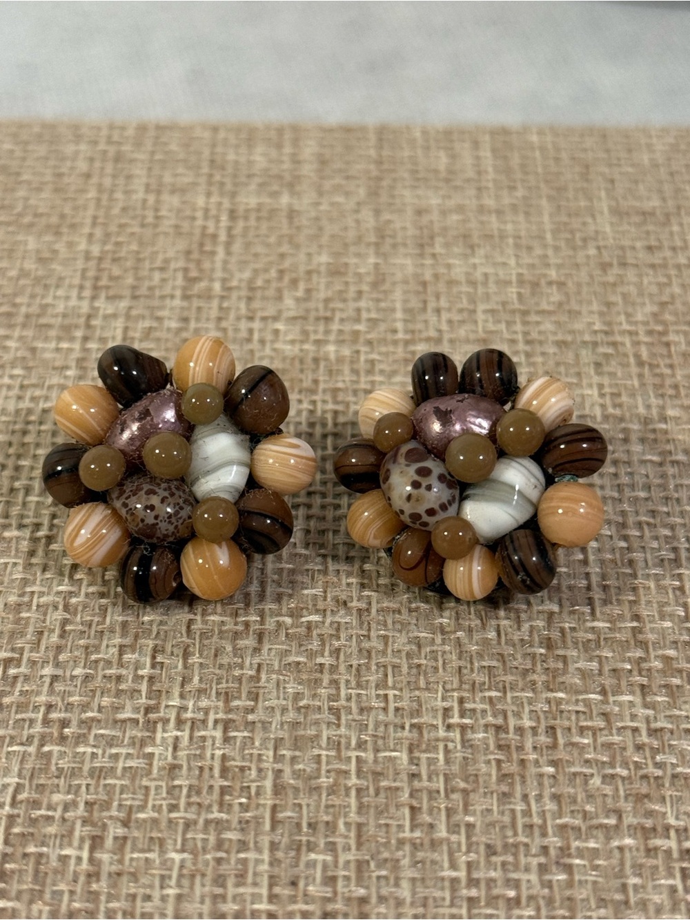 Vintage Japan Brown Cluster Bead Clip-On Earrings Art Glass Mid Century Fall